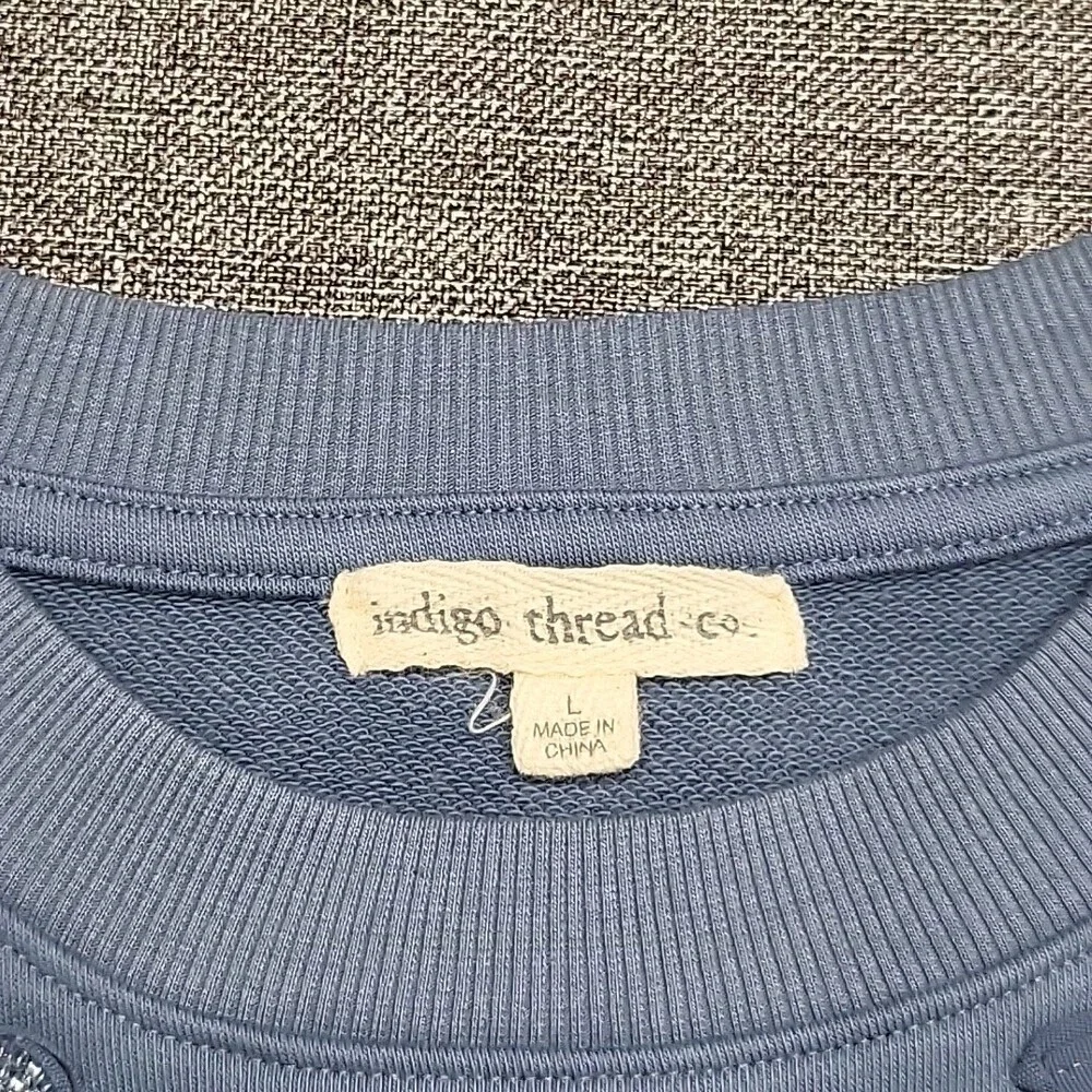 Indigo Thread Co Womens Sweatshirt Floral Appliques Large Size Blue Pullover Top